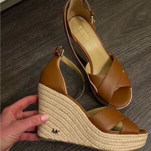 Michael Kors Tan Leather Wedge Sandals